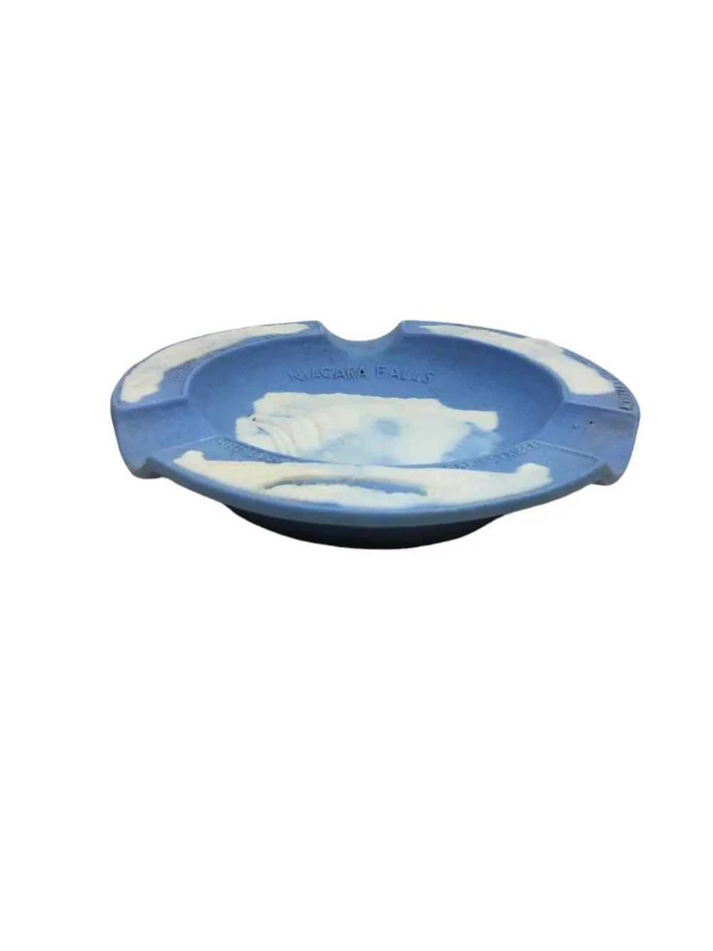 vintage 1940s sandstone blue/white niagara falls ashtray